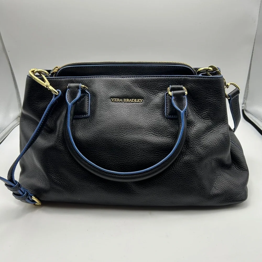 Vera Bradley Satchel Bag Womens Large Black Blue Excellent Leather‎ Crossbody